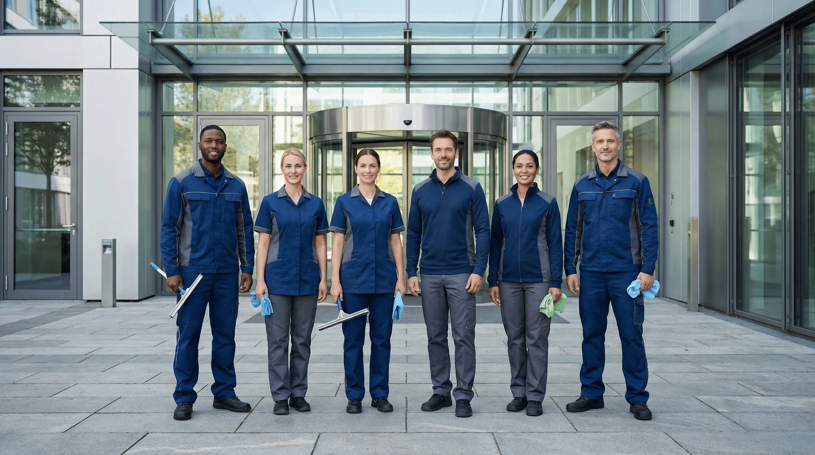Professionelle Reinigungskraft bei der Glasreinigung im Büro